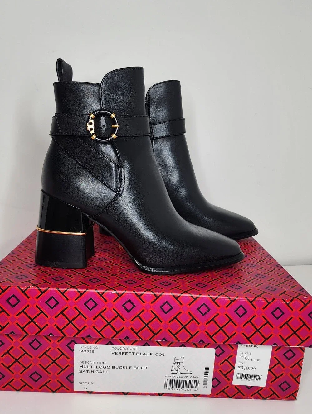Tory Burch Multi Logo Buckle Black Leather Womens Ankle Boots with Gold Accent